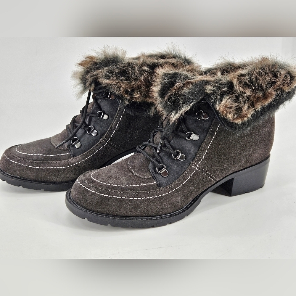NEW Sporto HOLLY Women's Boots Sz 7.5M Leather & Faux Fur GRAY Lace Up Heeled